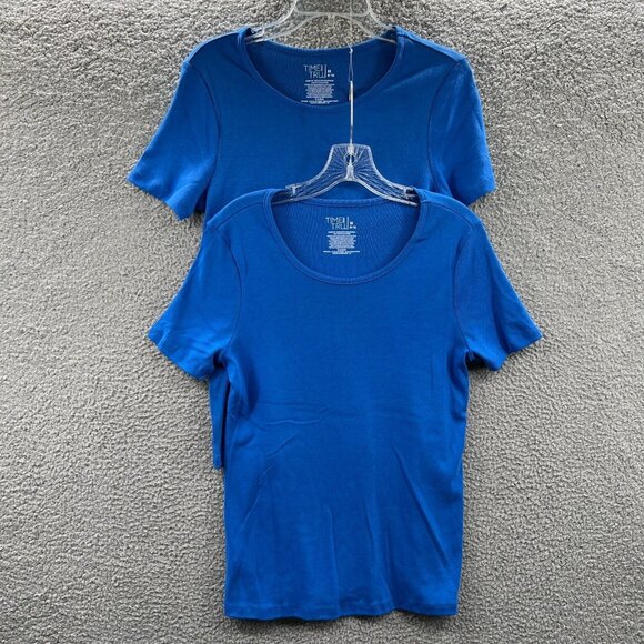 Time and Tru Womens Top Medium‎ 8/10 Blue Pullover Short Sleeve Shirt Lot of 2 - Picture 1 of 11